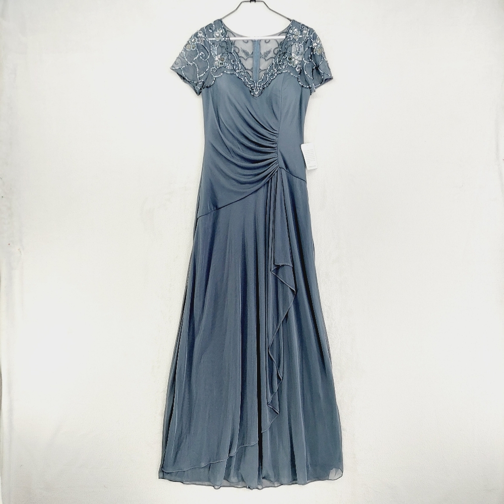 New Xcape Beaded Short Sleeve Ruched Evening Gown P4581 - Picture 2 of 11